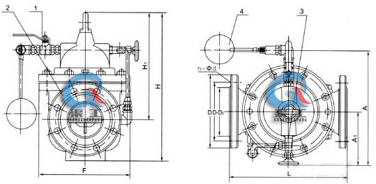 100X遙控浮球閥 外形結(jié)構(gòu)圖 (1、球閥 2、主閥 3、針閥 4、浮球閥)